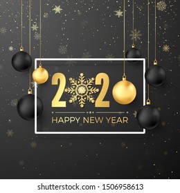 Christmas Decoration Elements. Greeting golden numbers 2020 and text Happy New Year on dark background in white frame. Black and golden hanging Christmas balls. Vector illustration