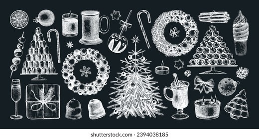 Christmas decoration elements. Hand drawn vector illustrations set. Winter holiday design. Christmas tree decoration, Christmas wreath, hot drinks, candies, cookies, sweets sketches on chalkboard