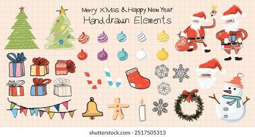 Christmas decoration elements hand drawn childish style graphic illustration.