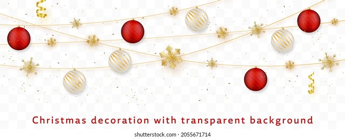 Elementos decorativos de Navidad - colgando bolas de navidad y copos de nieve dorados sobre fondo transparente. Ilustración vectorial.