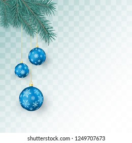 Christmas decoration elements isolated on transparent background. Fir twigs and blue Christmas balls with snowflakes ornament. Xmas baubles. Vector illustration