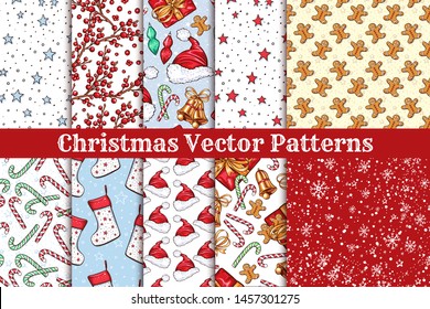 Christmas decoration elements seamless pattern. Traditional colorful decorations. Gift box, socks, bells and xmas santa claus hat. Decorative patchwork textile, invitation card, wrapping paper fill