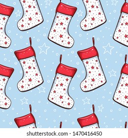 Christmas decoration elements seamless pattern. Traditional colorful decorations. Xmas socks and stars. Decorative patchwork textile, invitation card, wallpaper, wrapping paper fill