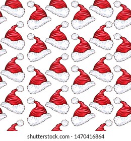 Christmas decoration elements seamless pattern. Red Xmas santa claus hat. Traditional colorful decorations. Patchwork textile, invitation card, wallpaper, wrapping paper fill