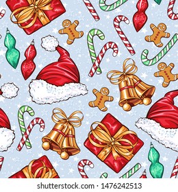 Christmas decoration elements seamless pattern. Traditional colorful decorations. Gift box, socks, bells and xmas santa claus hat. Decorative patchwork textile, invitation card, wrapping paper fill