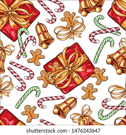 Christmas decoration elements seamless pattern. Traditional colorful decorations. Gift box, candy canes, bells and xmas gingerbread. Decorative patchwork textile, invitation card, wrapping paper fill