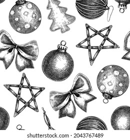 Christmas decoration elements seamless pattern. Winter backdrop. Hand-sketched Christmas tree decor background. Perfect for greeting cards, invitations, flyers, banners, packaging, wrapping