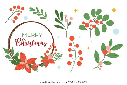 Conjunto de Elementos de decoración de Navidad, bayas, flores, hojas de estrellas, aislado sobre fondo blanco. Ilustración vectorial, estilo plano
