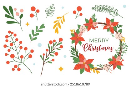 Conjunto de Elementos de decoración de Navidad, bayas, flores, hojas de estrellas, aislado sobre fondo blanco. Ilustración vectorial, estilo plano