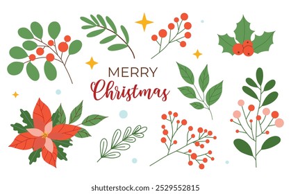 Christmas decoration elements set, berries, flowers, leaves stars, isolated on white background. Vector illustration, flat style