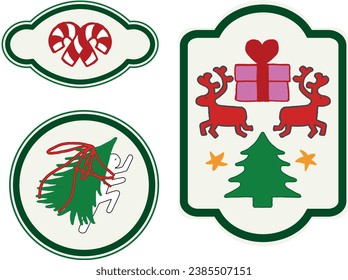 Christmas decoration emblem, wappen design with Santa, tree, Rudolph and gifts