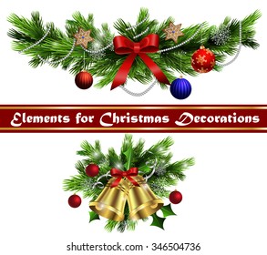 Christmas decoration  with evergreen trees bells   and  with balls