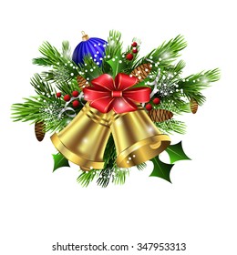 Christmas decoration  with evergreen trees and bells with balls