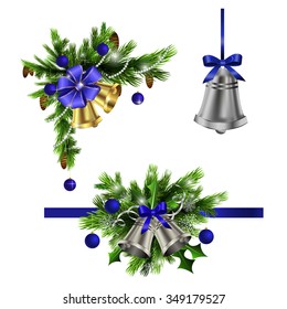Christmas decoration  with evergreen trees bells   and  with balls blue