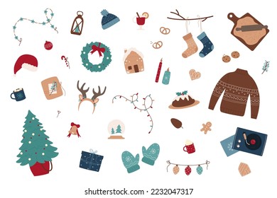 Christmas decoration for festive celebration stickers set vector illustration. Cartoon sweater with ornament and cute baubles, xmas gift box, garland of light bulbs and pine tree candy cake background