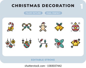 Christmas Decoration Filled Icons Pack for UI. Editable Stroke. Pixel perfect thin line vector icon set for web design and website application.