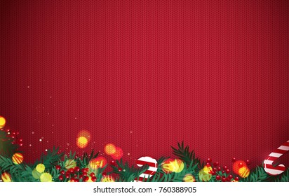 Christmas decoration with fir branches, berries and candy isolated on red canvas background. Vector illustration
