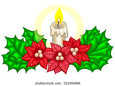 Christmas decoration with fir branches and candle. Merry Christmas and Happy New Year vector illustration illuminated by candle light