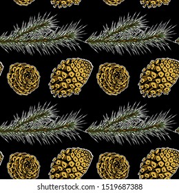 Christmas decoration with fir branches and fir cones. Christmas holidays seamless vector hand-drawn background. Colorful New Year background.