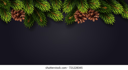 Christmas decoration with fir branches and cones on dark background