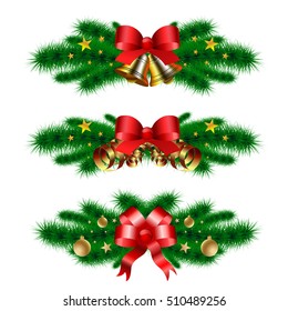 Christmas decoration with fir branches, golden balls and bells, silk red bows and stars