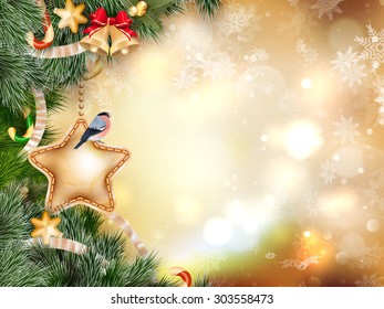 Christmas decoration with fir branches on gold bokeh. EPS 10 vector file included