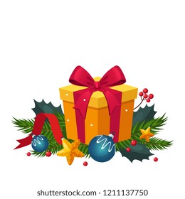 Christmas Decoration with Fir and Gift. Holiday Vector