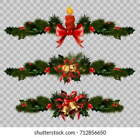 Christmas decoration fir holly wreath bow ribbons elements vector isolated transparent background