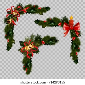 Christmas decoration fir holly wreath bow ribbons elements vector isolated transparent background