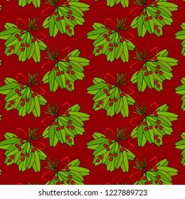 Christmas decoration with fir, mistletoe. Isolated on red background.