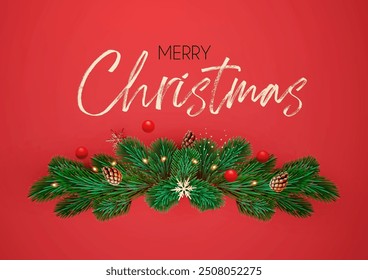 Christmas decoration with fir tree branches, balls and gold snowflakes. Happy New Year traditional design