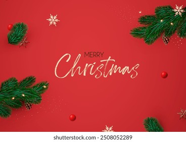 Christmas decoration with fir tree branches, balls and gold snowflakes. Happy New Year traditional design