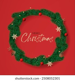Christmas decoration with fir tree branches, balls and gold snowflakes. Happy New Year traditional design