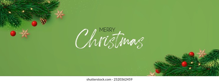 Christmas decoration with fir tree branches, balls and gold snowflakes. Happy New Year traditional design