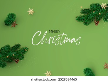 Christmas decoration with fir tree branches, balls and gold snowflakes. Happy New Year traditional design