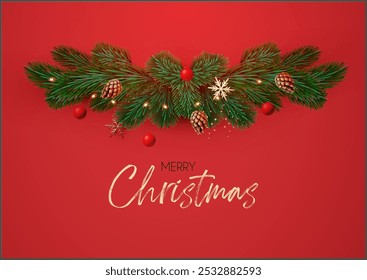 Christmas decoration with fir tree branches, balls and gold snowflakes. Happy New Year traditional design