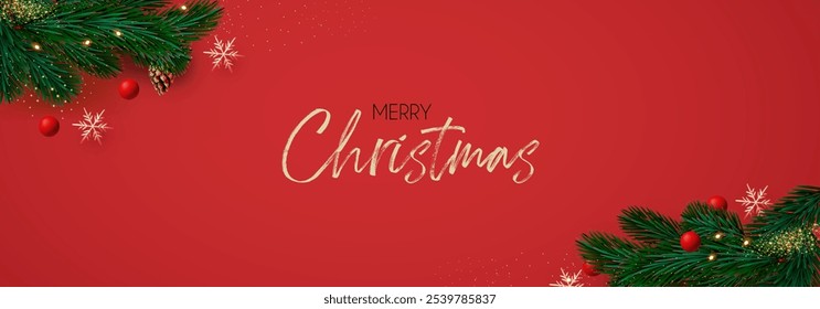 Christmas decoration with fir tree branches, balls and gold snowflakes. Happy New Year traditional design