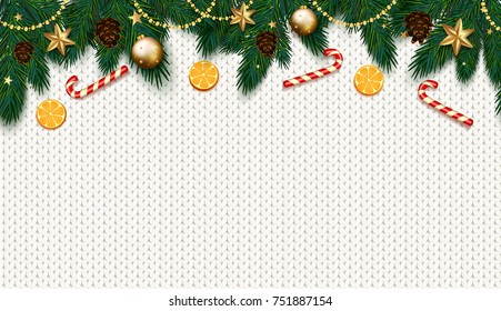 Christmas decoration with fir tree, gift, candy canes on white knitted background. Vector illustration