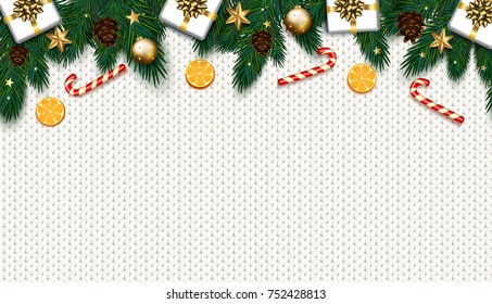 Christmas decoration with fir tree, gift, candy canes on white knitted background. Vector illustration