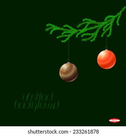 christmas decoration with fir tree and with red ball with bronze ball isolated on dark background vector