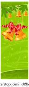 Christmas decoration with fir trees, bells, and bow on green, vector illustration