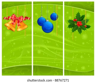 Christmas decoration with fir trees, bells, balls and berries on green, vector illustration