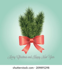 Christmas decoration, fir twigs and red bow. Vector illustration.
