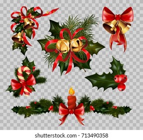 Christmas Decoration Fir Wreath Bow Elements Vector Isolated On Transparent Background