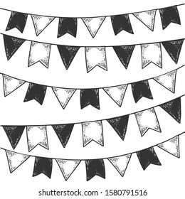 Christmas decoration flags sketch engraving vector illustration. Scratch board style imitation. Black and white hand drawn image.