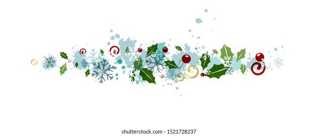 Christmas decoration from flying snowflakes, holly berries and leaves, splashes and swirls. Vector colorful design element.