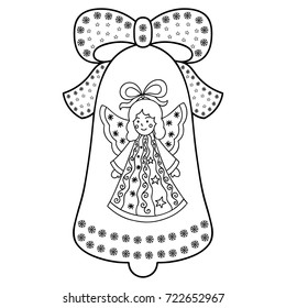 Christmas decoration in the form of bell. New Year's toy with bow and snow. Angel.