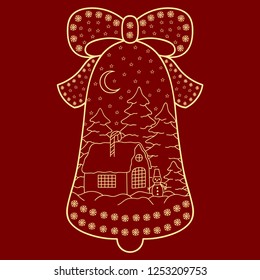 Christmas decoration in form of bell with ribbon. New Year's toy with bow and snowflake. Winter landscape - house and eating in the snow.