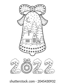 Christmas decoration in the form of a bell with a ribbon. Christmas toy with a bow, snowflake and stars. Winter landscape - a house, a snowman and a fir tree in the snow. Lettering number 2022.