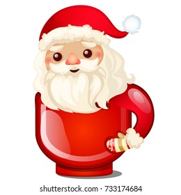Christmas decoration in form of Santa Claus sitting in a red cup isolated on white background. Sample of holiday poster, card, party invitation. Vector cartoon close-up illustration.